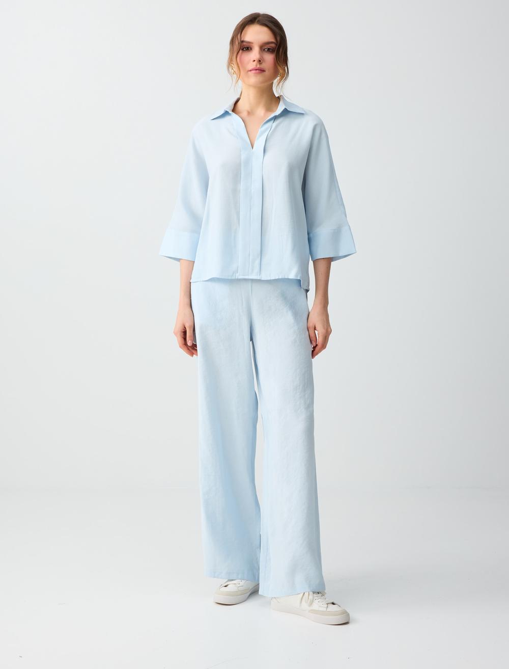 Cep Detaylı Beli Lastikli Normal Bel Dokuma Pantolon