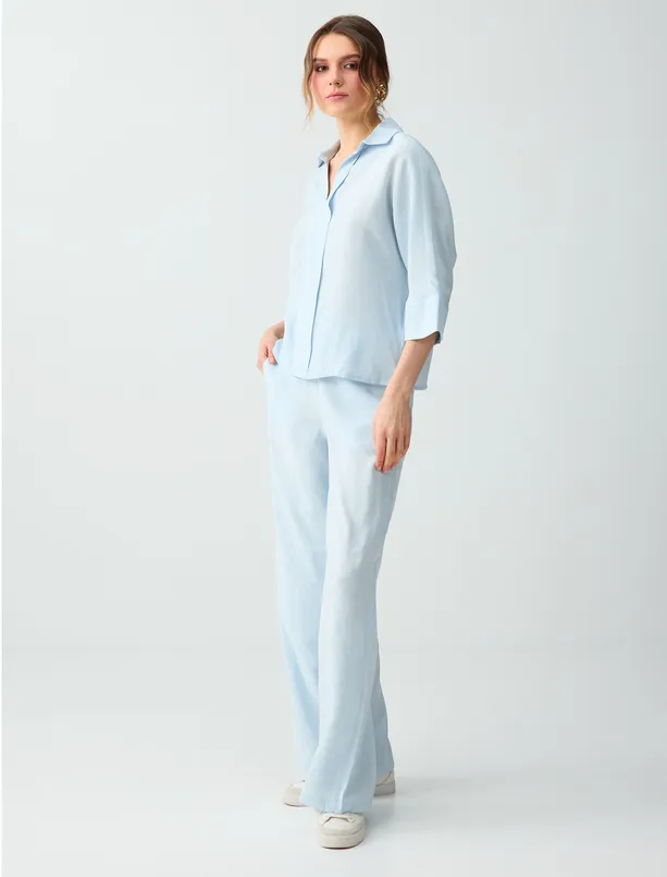 Women Blue Elastic Waist Normal Waist Woven Trousers with Pocket Details