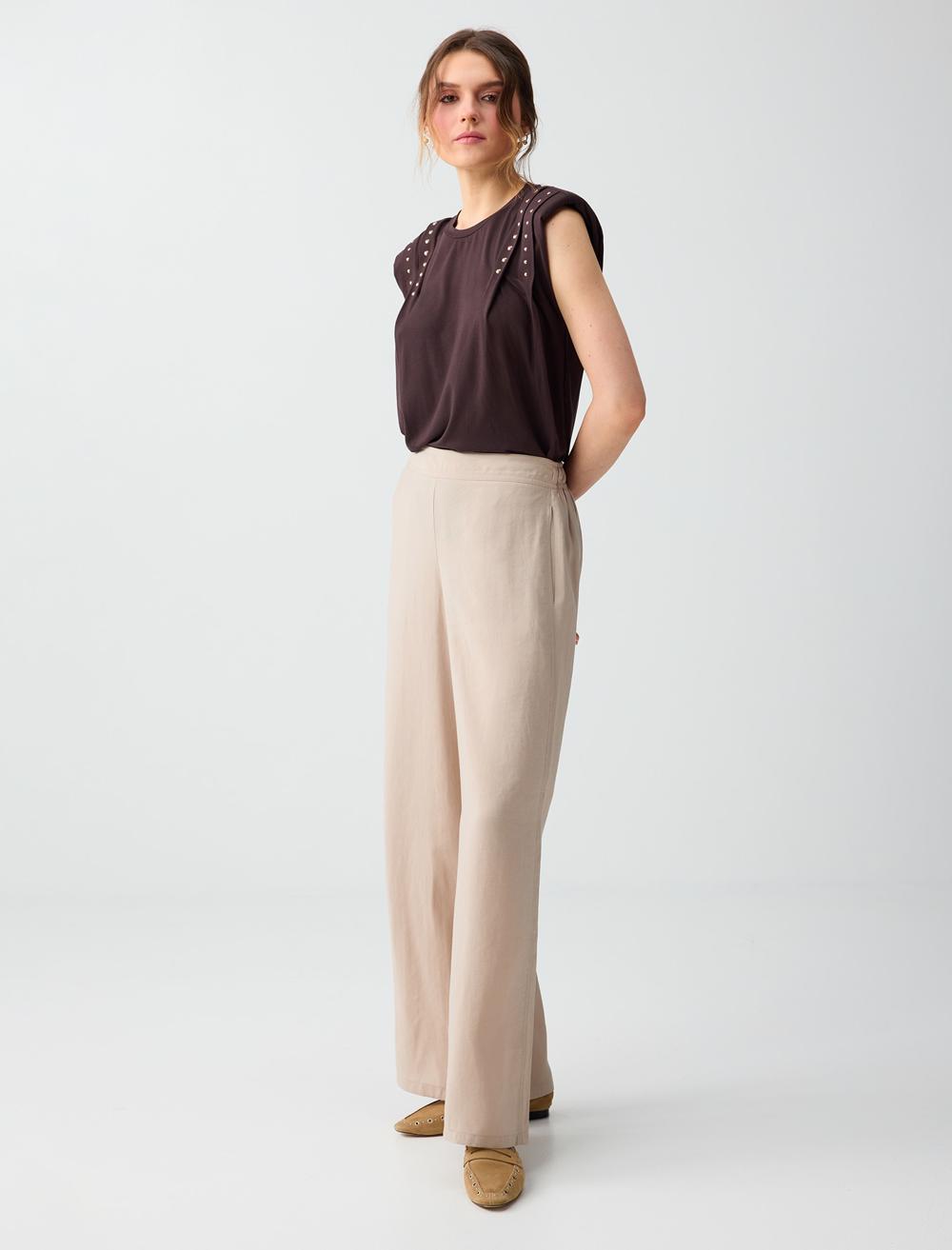 Cep Detaylı Beli Lastikli Normal Bel Dokuma Pantolon