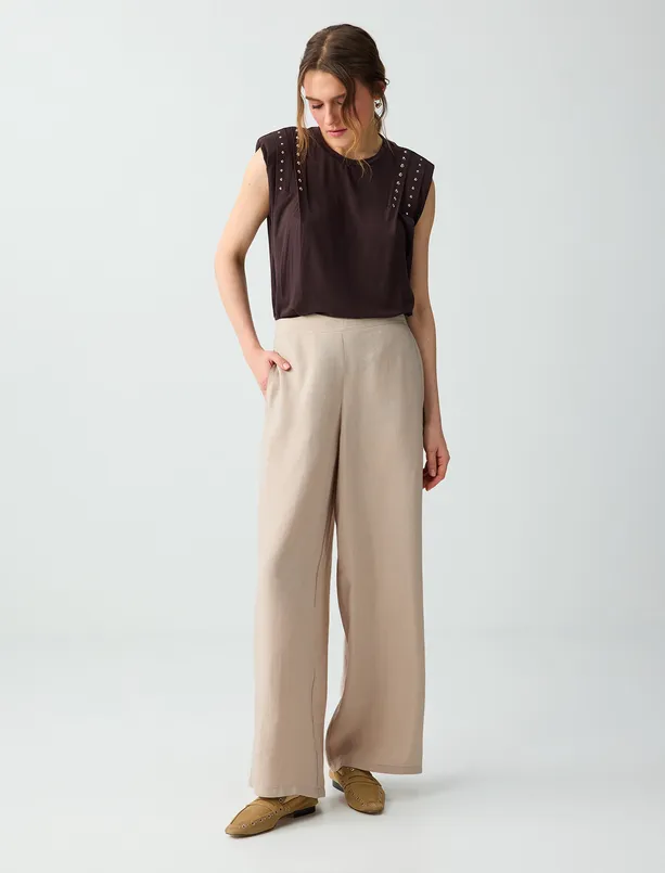 Women Mink Elastic Waist Normal Waist Woven Trousers with Pocket Details