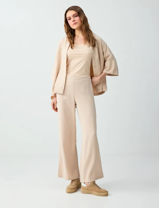 Bayan Bej Normal Bel Normal Paça Cep Detaylı Uzun Pantolon