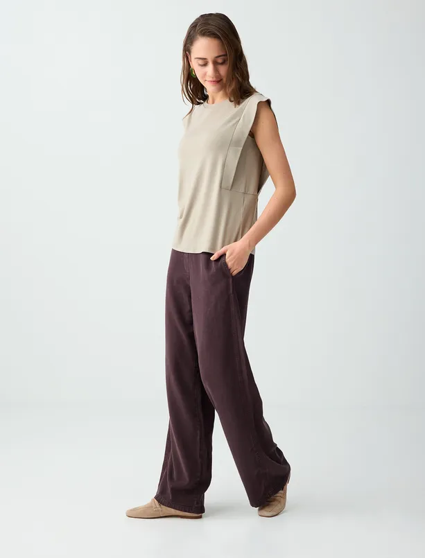 Bayan Kahverengi Normal Bel Normal Paça Cep Detaylı Uzun Pantolon