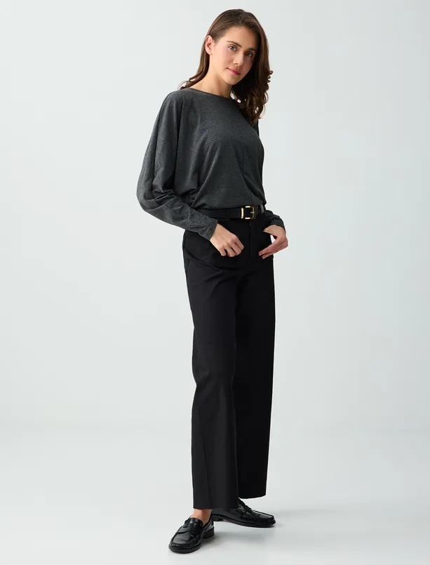 Bayan Siyah Bol Paça Yüksek Bel Rahat Kesim Denim Pantolon