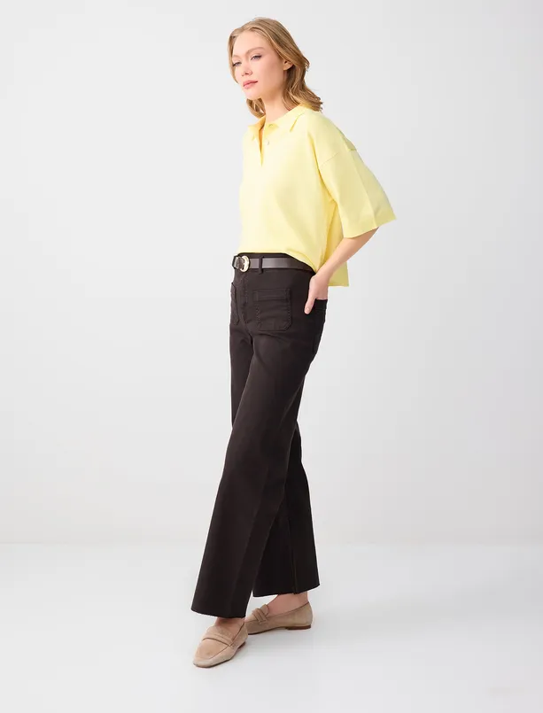 Bayan Kahverengi Bol Paça Yüksek Bel Rahat Kesim Denim Pantolon