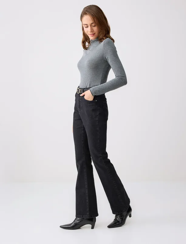 Bayan Koyu Antrasit Bol Paça Yüksek Bel Uzun Denim Pantolon