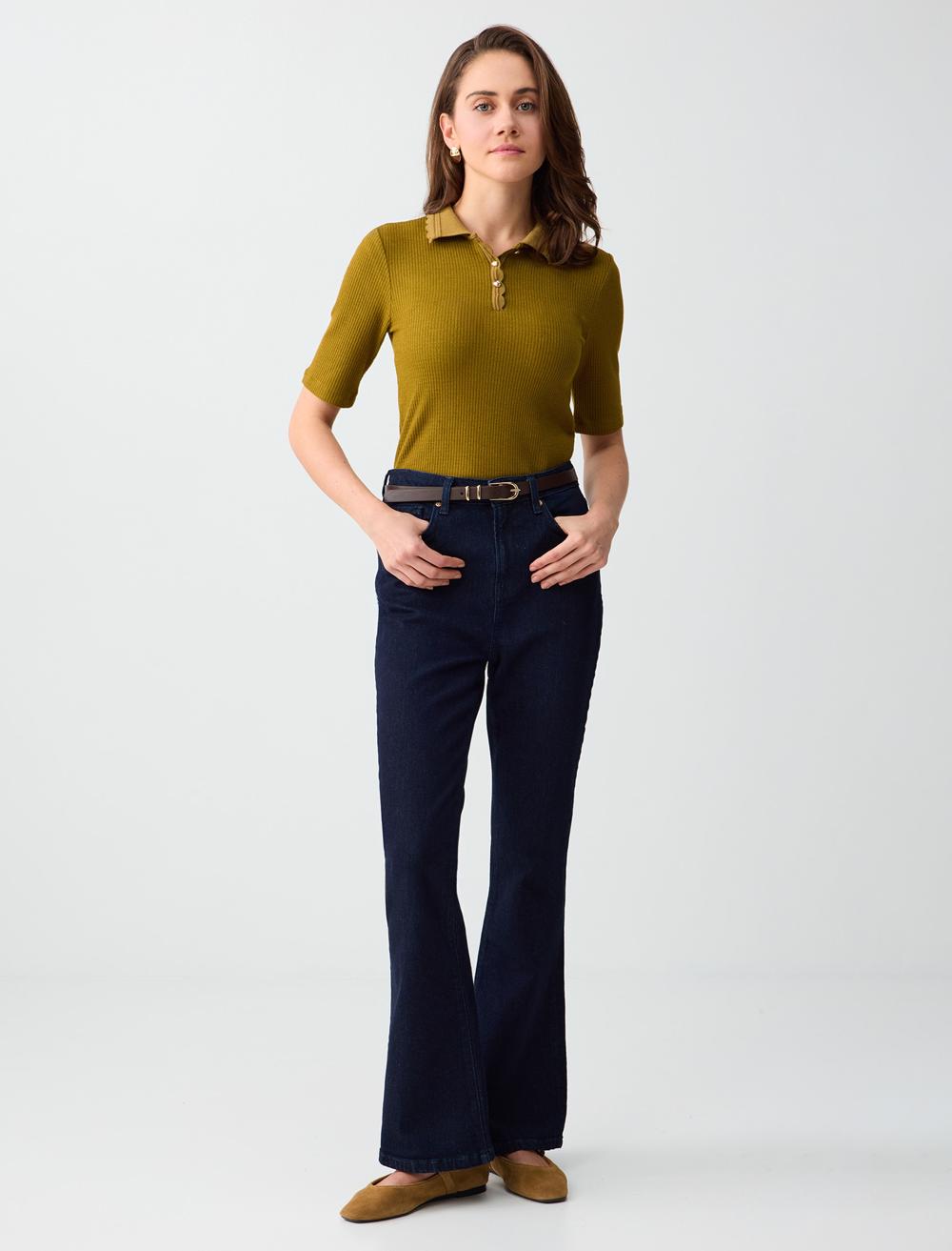 Bol Paça Yüksek Bel Uzun Denim Pantolon