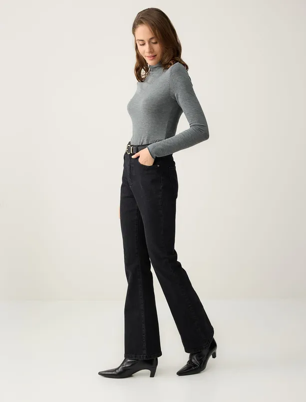 Bayan Koyu Antrasit Bol Paça Yüksek Bel Uzun Denim Pantolon