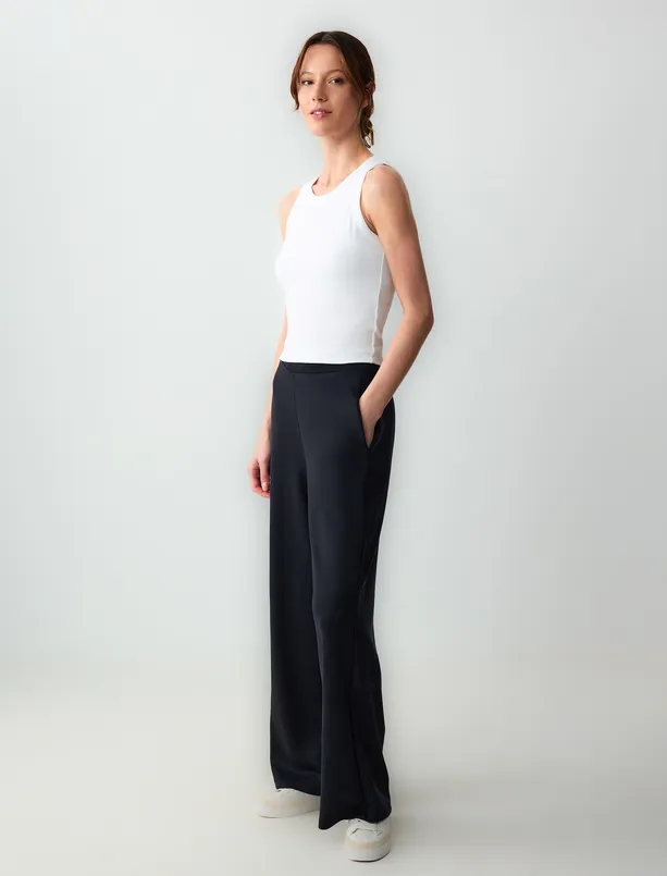 Bayan Siyah Yüksek Bel Bol Paça Uzun Örme Pantolon