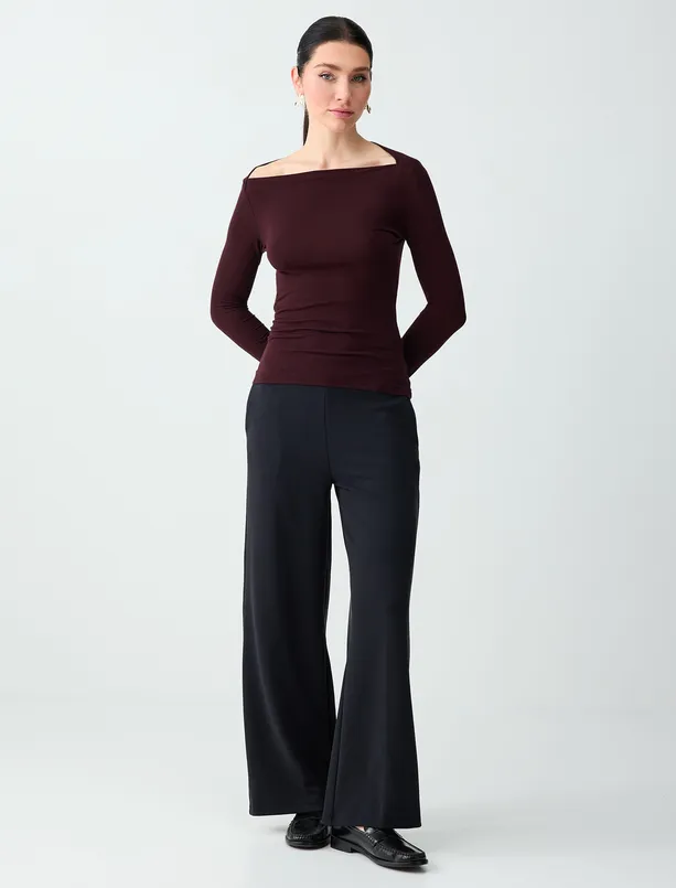 Bayan Siyah Yüksek Bel Bol Paça Uzun Örme Pantolon