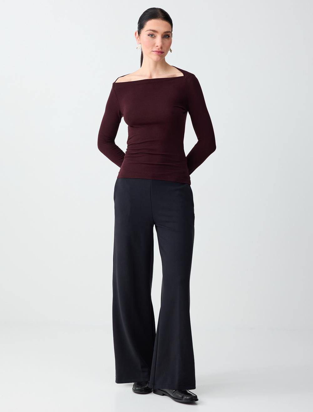 Yüksek Bel Bol Paça Uzun Örme Pantolon