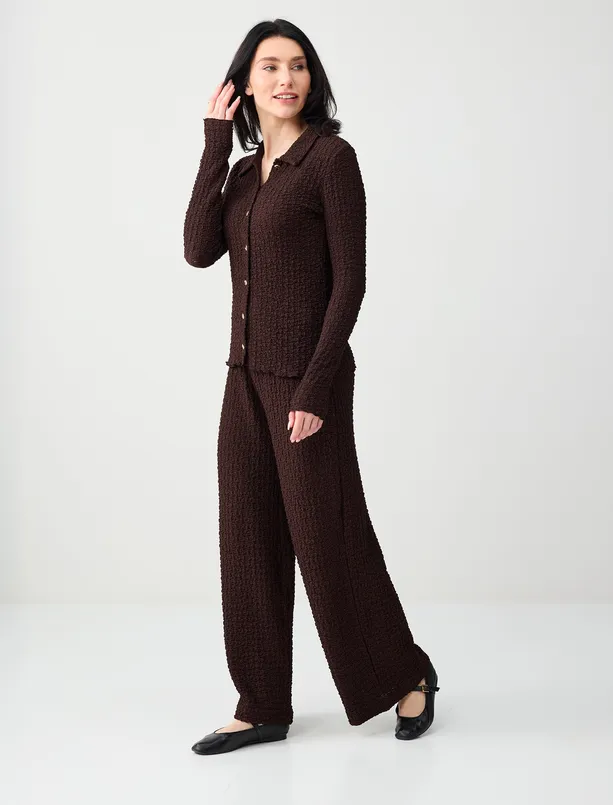 Bayan Kahverengi Bol Kesim Dokulu Örme Pantolon