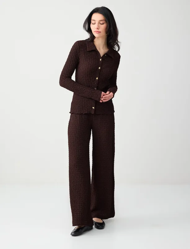 Bayan Kahverengi Bol Kesim Dokulu Örme Pantolon