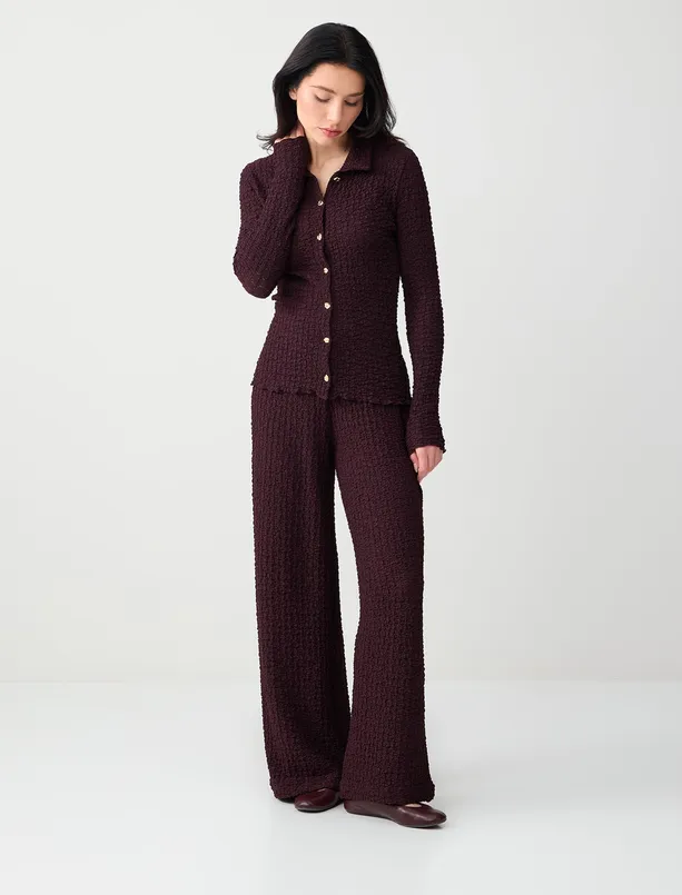 Bayan Bordo Bol Kesim Dokulu Örme Pantolon