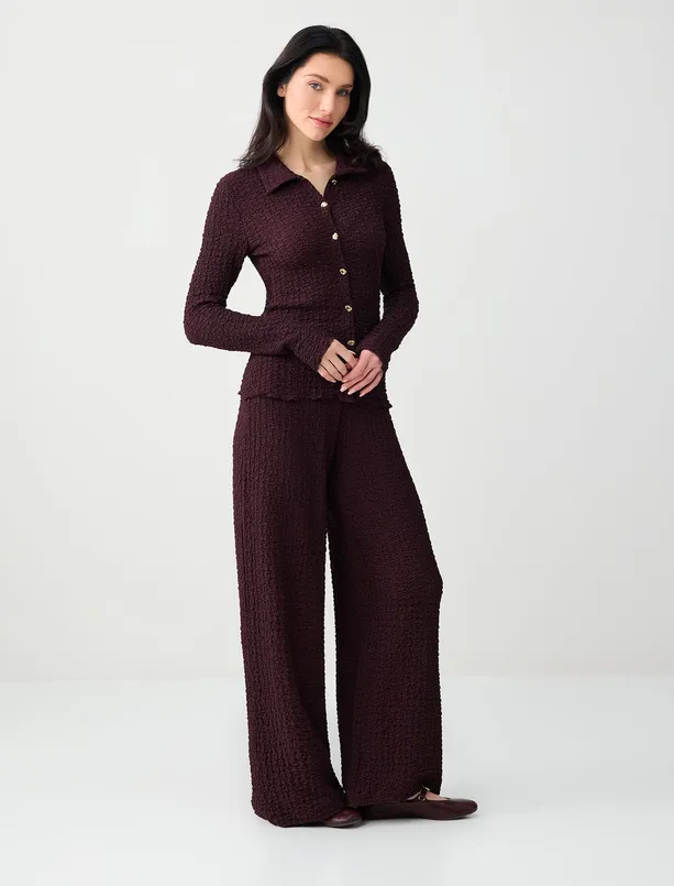 Bayan Bordo Bol Kesim Dokulu Örme Pantolon