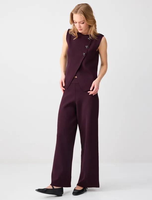 Bayan Bordo Normal Paça Normal Bel Beli Lastikli Triko Pantolon