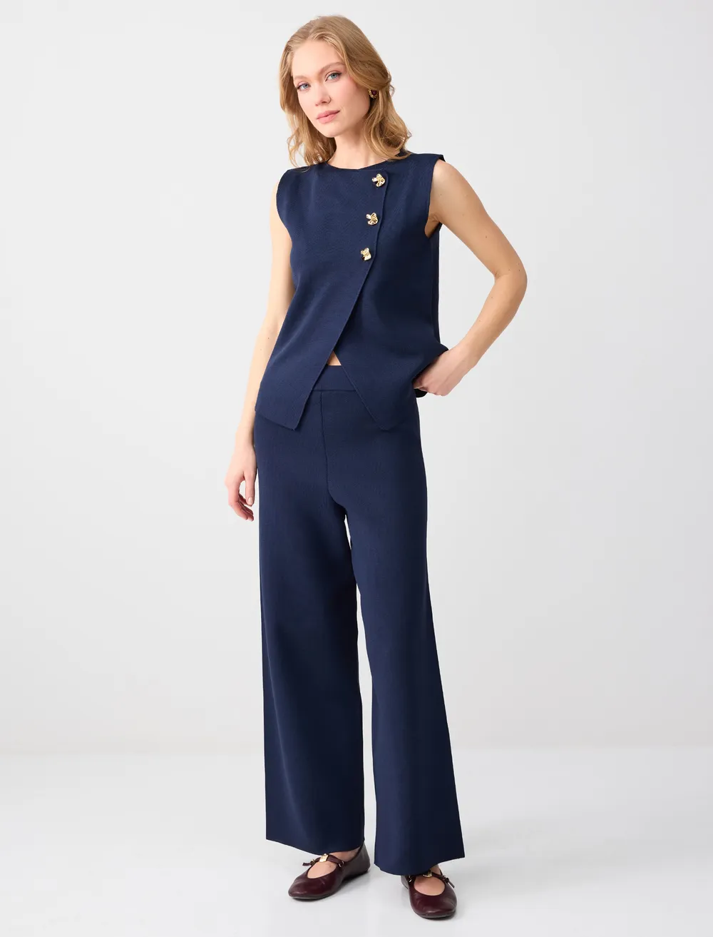 HEVE Prima Peplum JK ネイビー　36 Lacivert Normal Paça Normal Bel Beli Lastikli Triko Pantolon