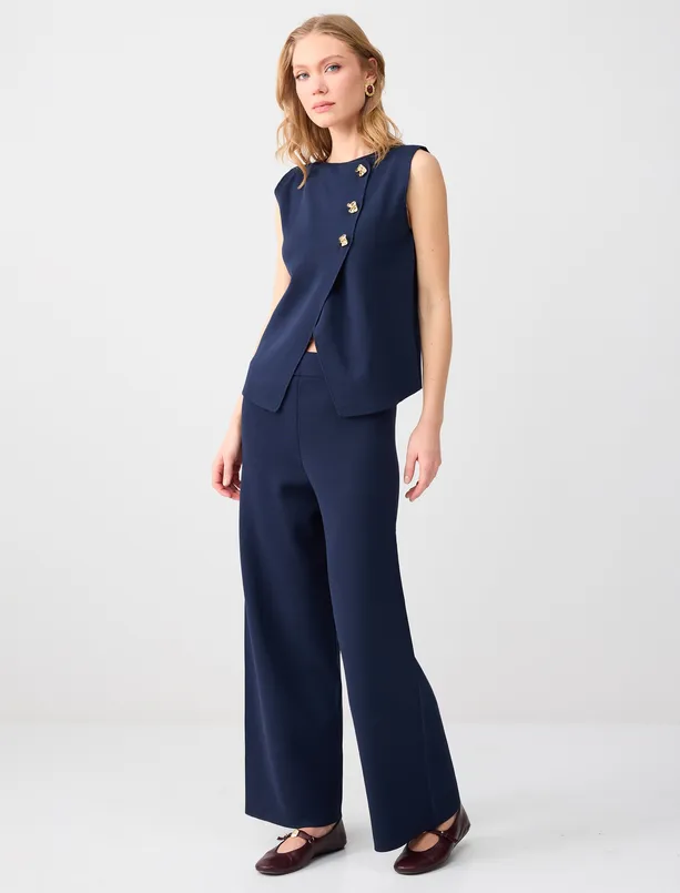 Bayan Lacivert Normal Paça Normal Bel Beli Lastikli Triko Pantolon