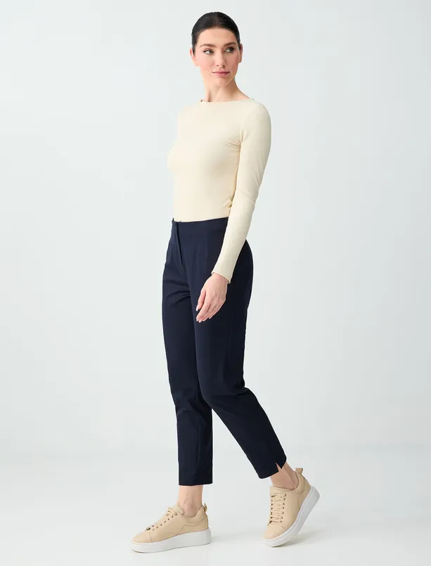 Bayan Lacivert Yüksek Bel Normal Paça Örme Pantolon