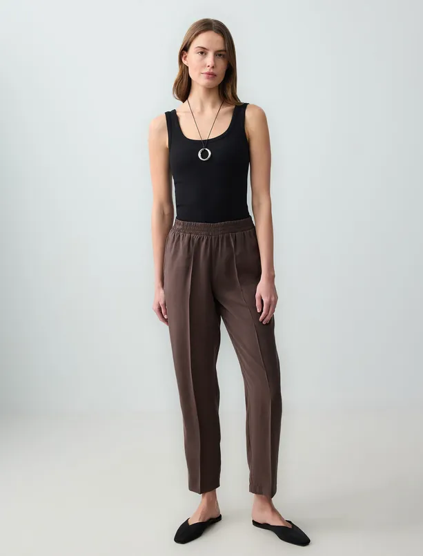 Bayan  Normal Paça Yüksek Bel Modal Dokuma Pantolon