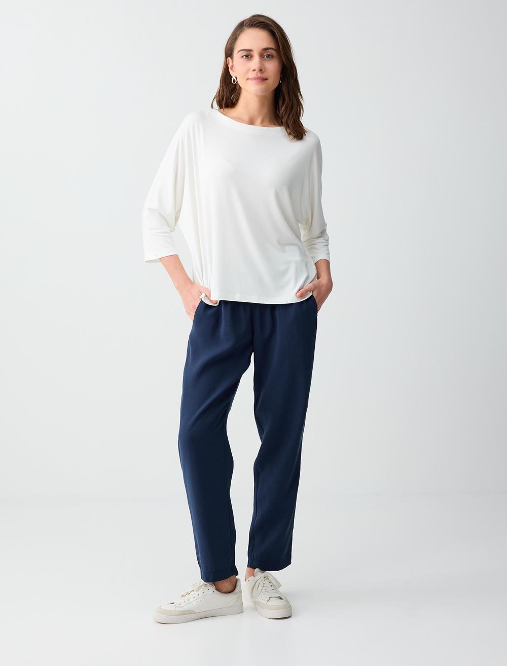 Normal Paça Yüksek Bel Modal Dokuma Pantolon