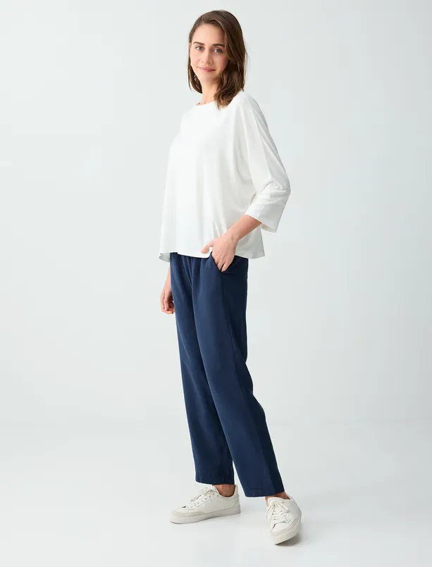 Bayan Lacivert Normal Paça Yüksek Bel Modal Dokuma Pantolon