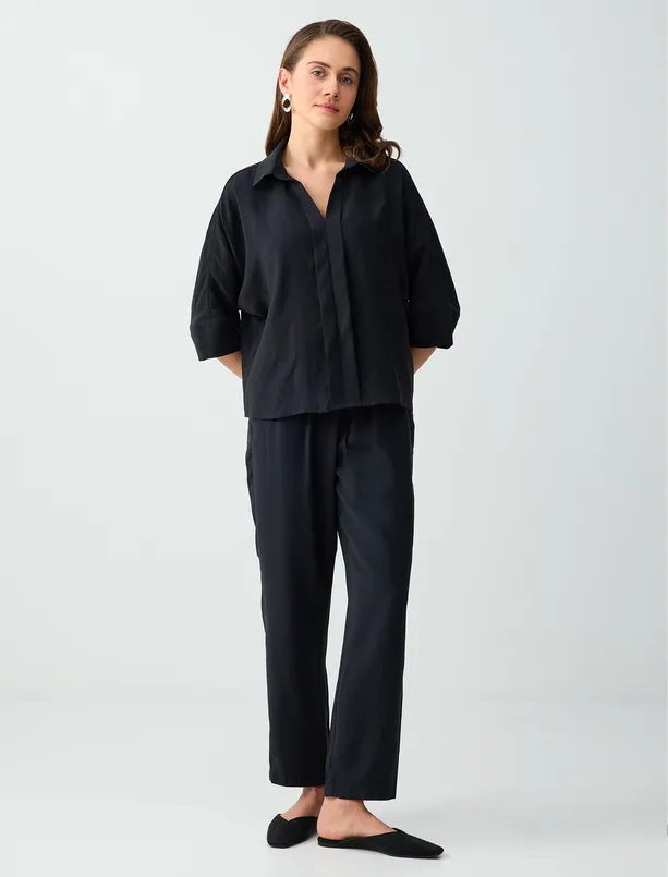 Bayan  Normal Paça Yüksek Bel Modal Dokuma Pantolon