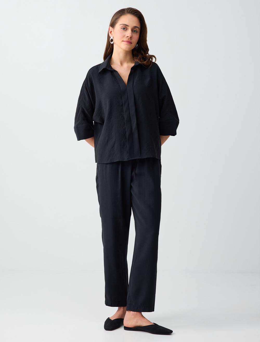 Normal Paça Yüksek Bel Modal Dokuma Pantolon