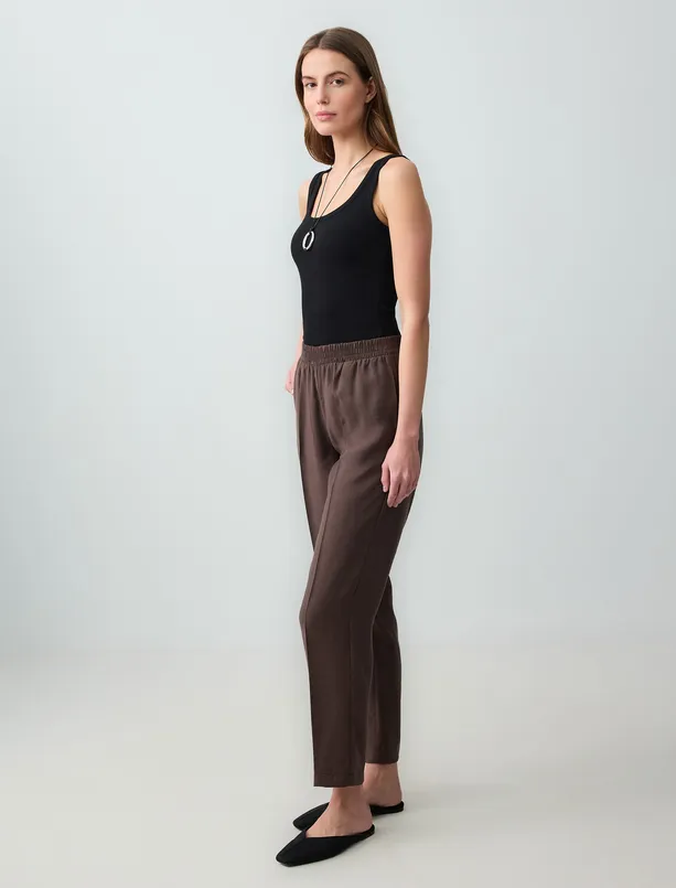 Bayan Kahverengi Normal Paça Yüksek Bel Modal Dokuma Pantolon