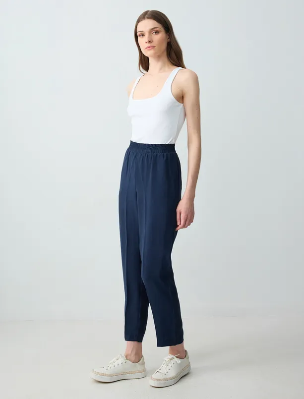 Bayan Lacivert Normal Paça Yüksek Bel Modal Dokuma Pantolon