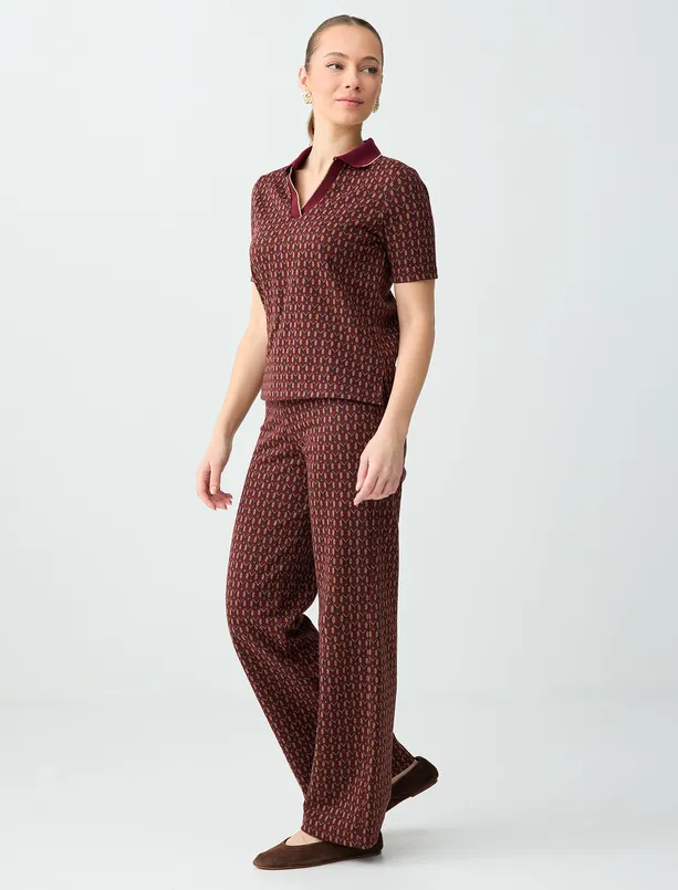 Bayan Bordo Geometrik Desenli Normal Bel Örme Pantolon