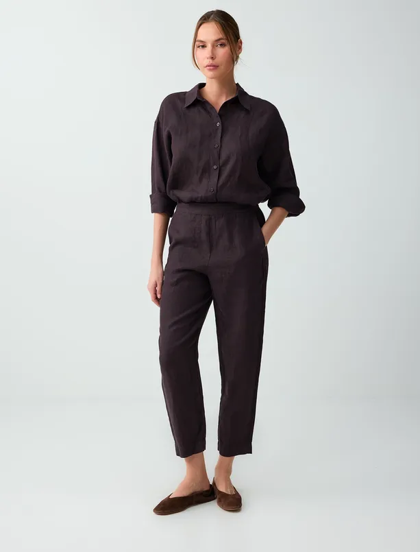 Bayan  %100 Keten Normal Paça Yüksek Bel Dokuma Pantolon