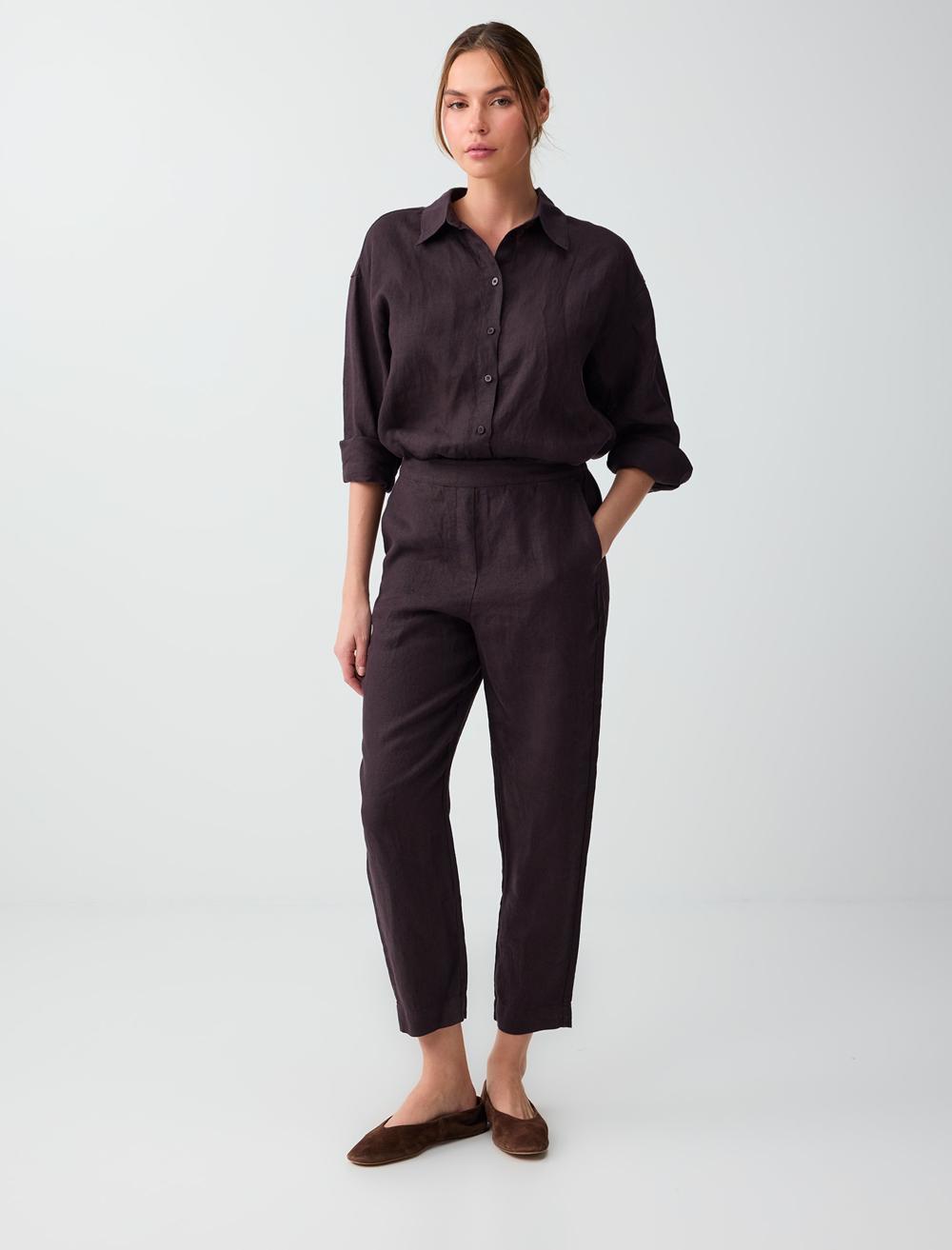 %100 Keten Normal Paça Yüksek Bel Dokuma Pantolon