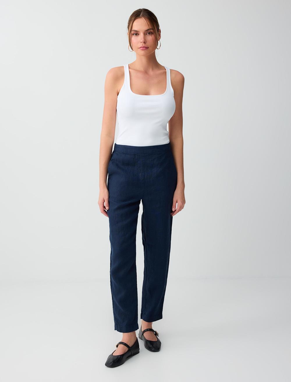 %100 Keten Normal Paça Yüksek Bel Dokuma Pantolon