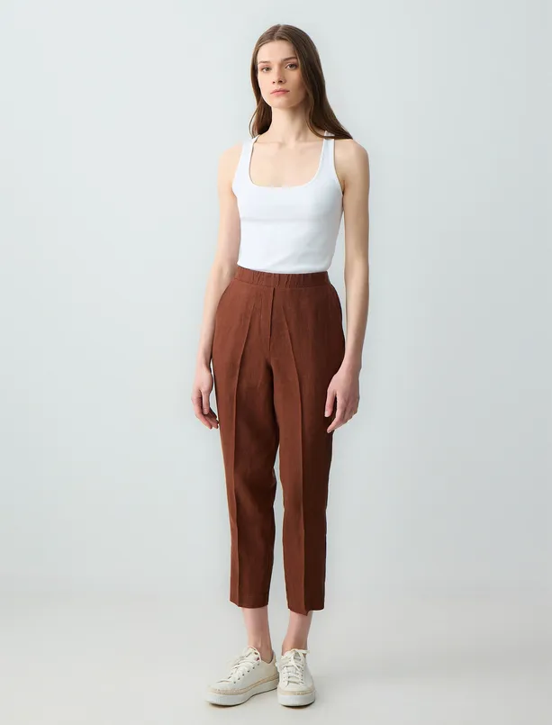 Bayan Kahverengi %100 Keten Normal Paça Yüksek Bel Dokuma Pantolon