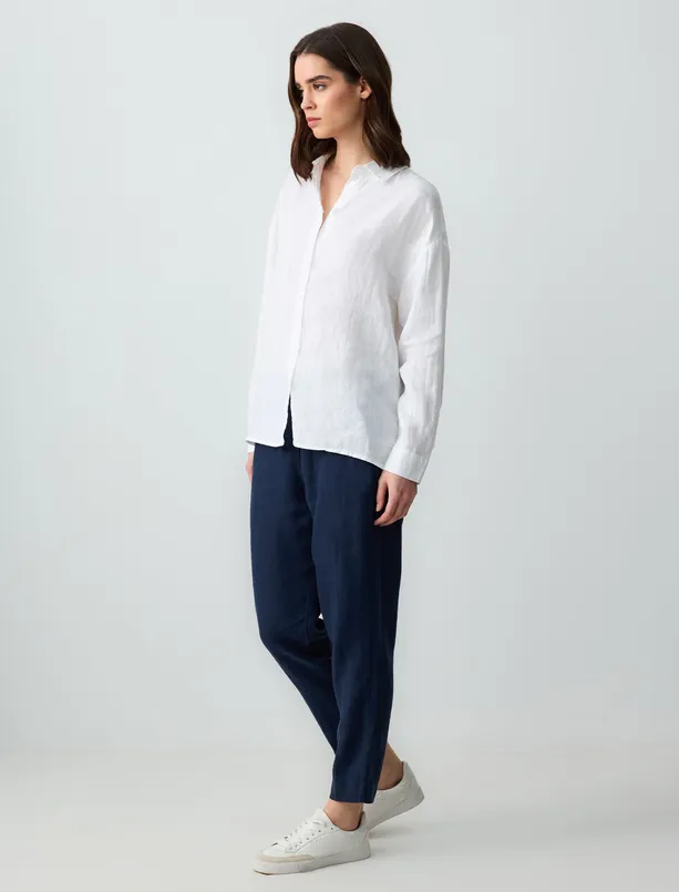 Bayan Lacivert %100 Keten Normal Paça Yüksek Bel Dokuma Pantolon