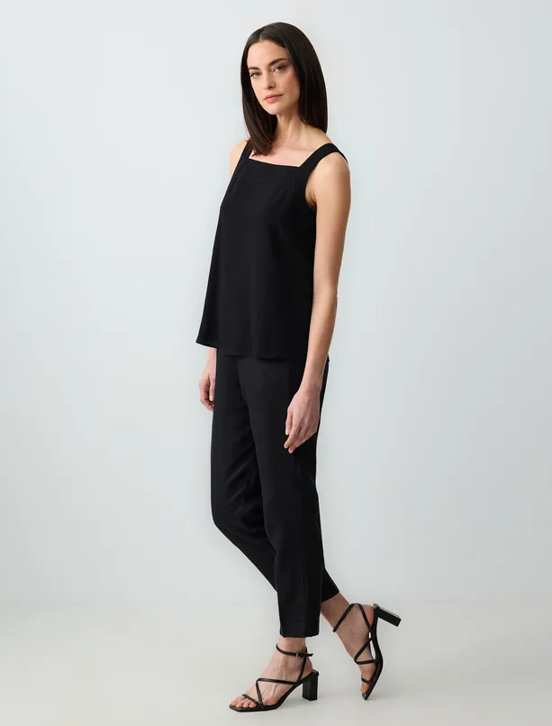 Bayan Siyah %100 Keten Normal Paça Yüksek Bel Dokuma Pantolon