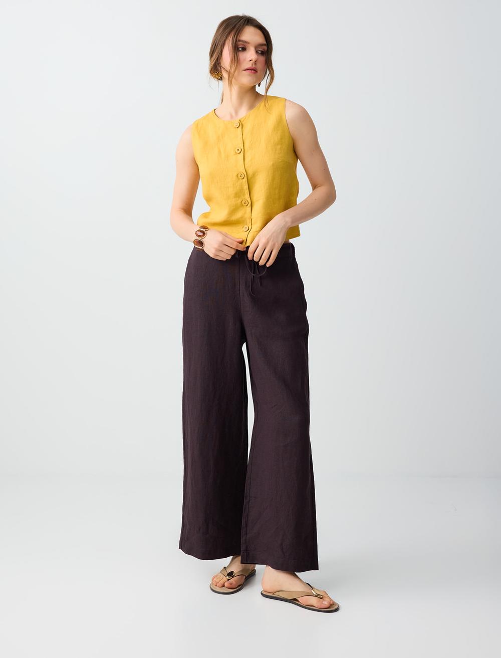 %100 Keten Bol Paça Bağcıklı Yüksek Bel Pantolon