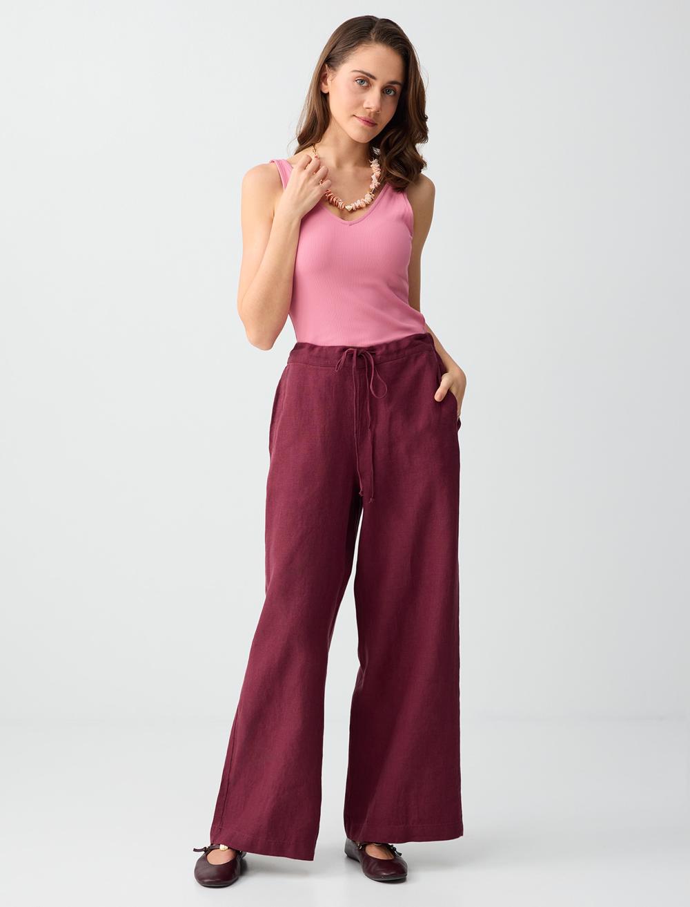 %100 Keten Bol Paça Bağcıklı Yüksek Bel Pantolon