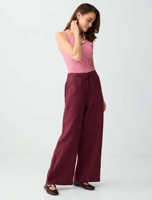 Bayan Bordo %100 Keten Bol Paça Bağcıklı Yüksek Bel Pantolon