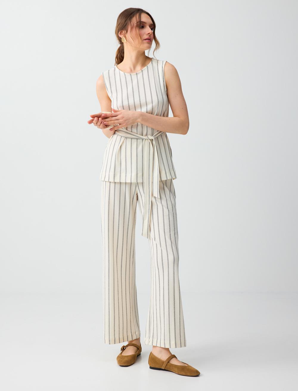 Rahat Kesim Normal Bel Çizgili Uzun Pantolon