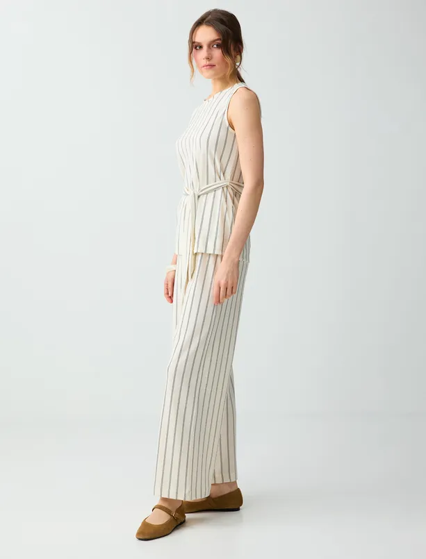 Bayan Ekru Rahat Kesim Normal Bel Çizgili Uzun Pantolon