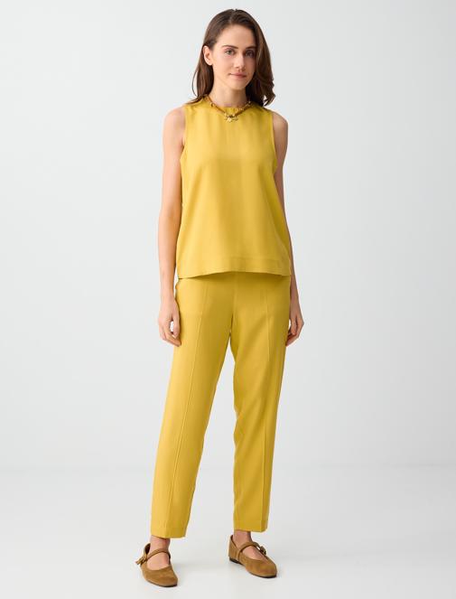 Hardal Cep Detaylı Normal Bel Normal Paça Dokuma Pantolon Kombini