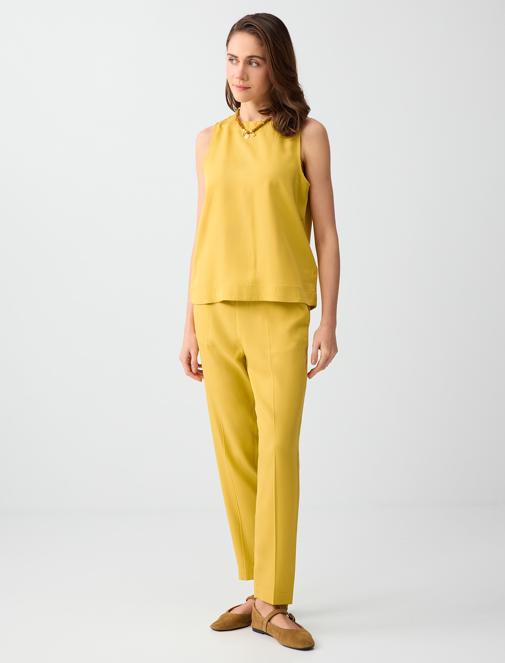 Hardal Cep Detaylı Normal Bel Normal Paça Dokuma Pantolon Kombini