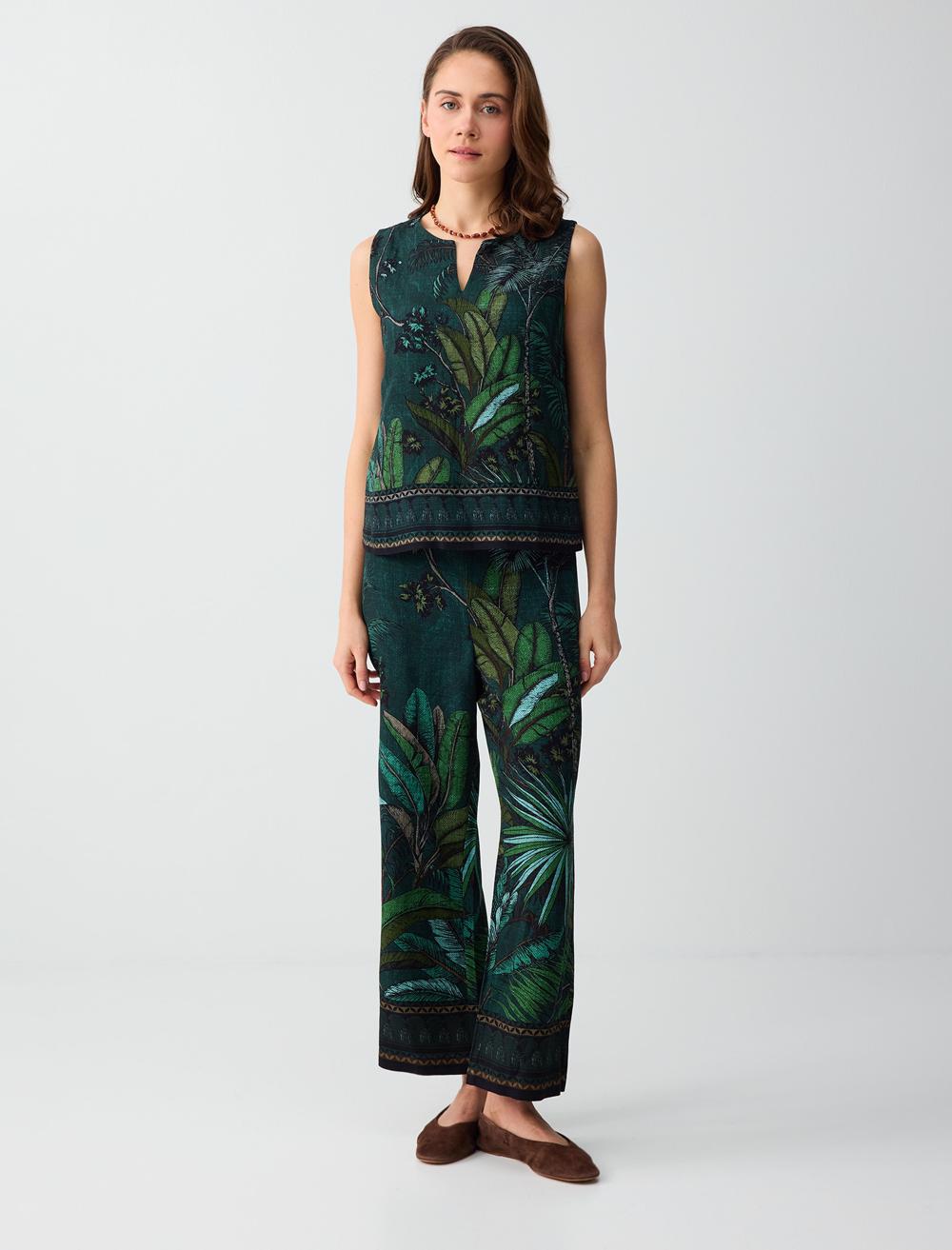 Keten Karışımlı Yüksek Bel Desenli Dokuma Pantolon