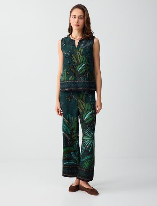 Keten Karışımlı Yüksek Bel Desenli Dokuma Pantolon Kombini