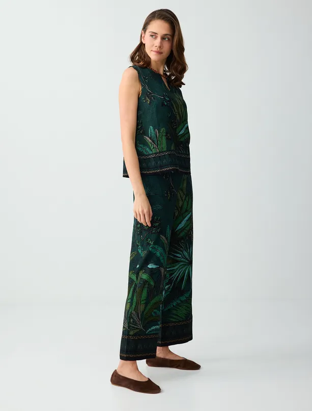 Bayan Koyu Yeşil Keten Karışımlı Yüksek Bel Desenli Dokuma Pantolon