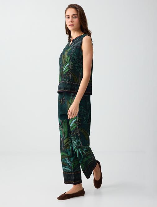 Keten Karışımlı Yüksek Bel Desenli Dokuma Pantolon Kombini