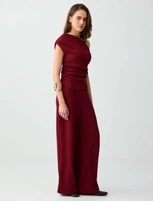 Bayan Bordo Beli Lastikli Normal Paça Normal Bel Örme Pantolon