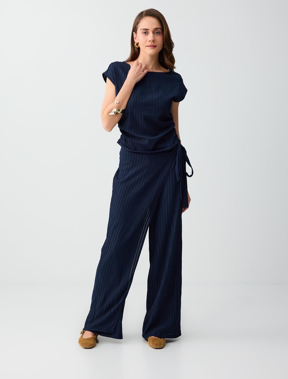 Normal Bel Normal Paça Çizgili Uzun Örme Pantolon