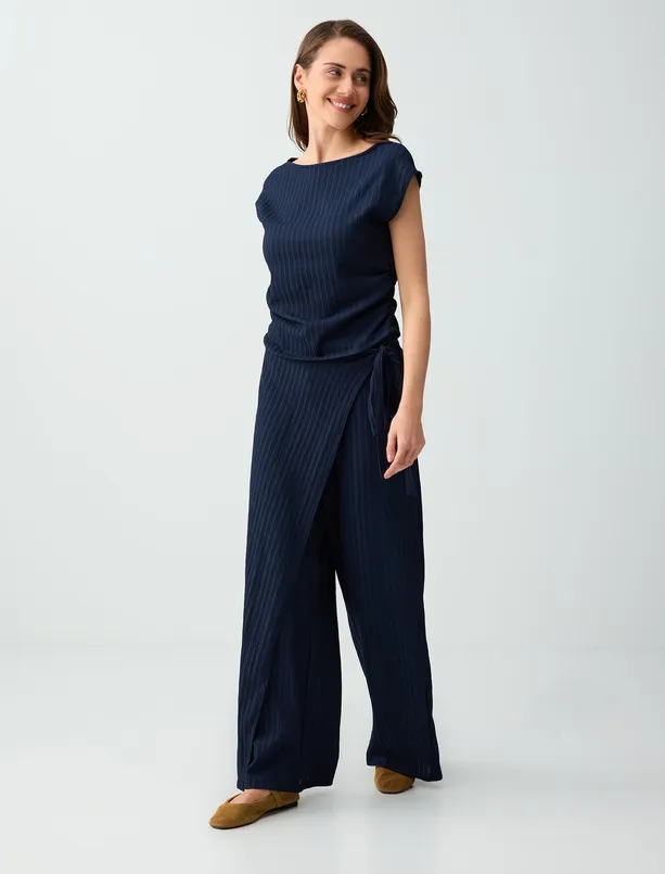 Bayan Lacivert Normal Bel Normal Paça Çizgili Uzun Örme Pantolon